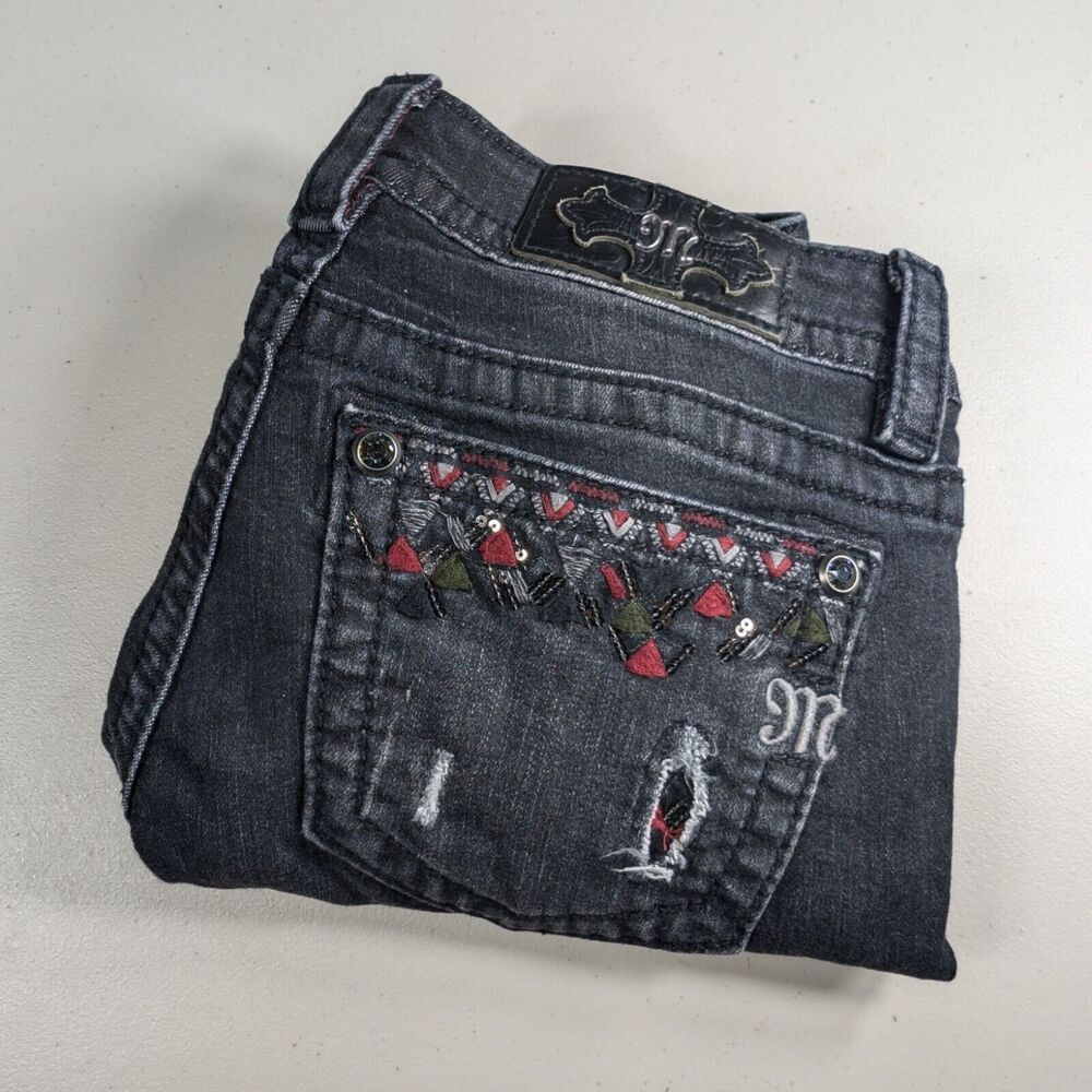 Miss Me Jeans Womens Size 27 Black Cuffed Skinny Jeans Aztec Western Pattern
